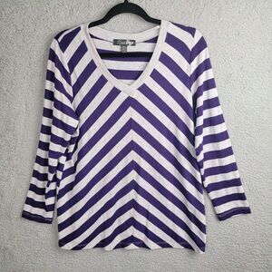 Zena Woman Tunic Shirt Womens L Navy Blue White V-Neck Flattering Angle Stripes
